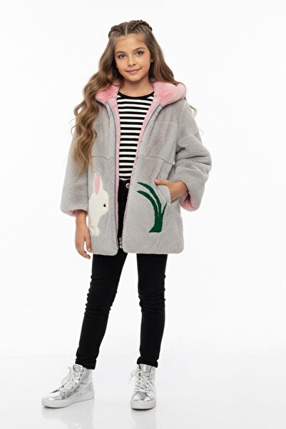Deriderim Pink Gray Rabbit Tale Hooded Plush Girl's Coat