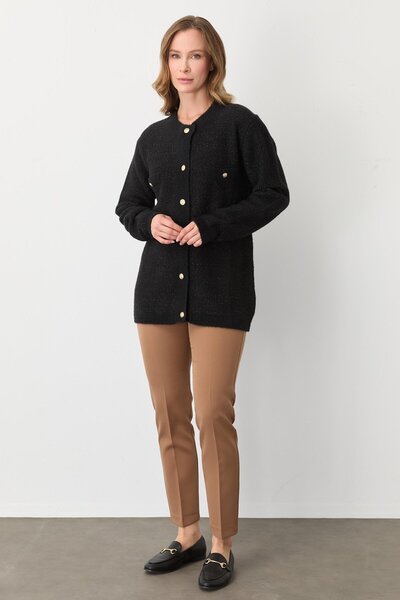 Mutlu Ertan Women's Pocketed Glitter Buttoned Cardigan Black 20258