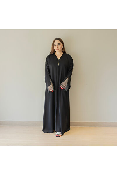 LINELLE عباية فاخرة سوداء مرصعة بأحجار الراين بأكمام شبكية للنساء