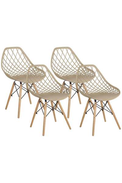 Taimi Set of 4 Modern Style Plastic DSW Shell Dining Chairs with Mesh Back and Wooden Legs, Khaki