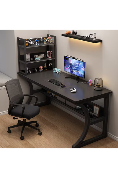 HayaBazaar Modern Gaming Desk with Storage Shelf - C-Shaped Design,for Home Office, Gaming Room
