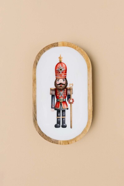 Barine طبق تقديم بيضاوي صغير من خشب المانجو بنقش كسارة البندق، صينية 30×18 سم