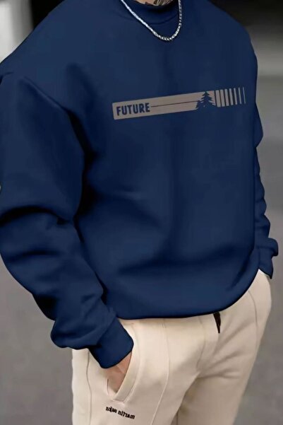NO 601 Hanorac pentru bărbați, albastru marin, Future cu imprimeu Zero, cu gâ...