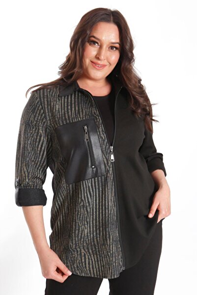 Metpoint Trend42Plus Plus Size Wave Patterned Pocket Detailed Zippered Knitted Black Shirt
