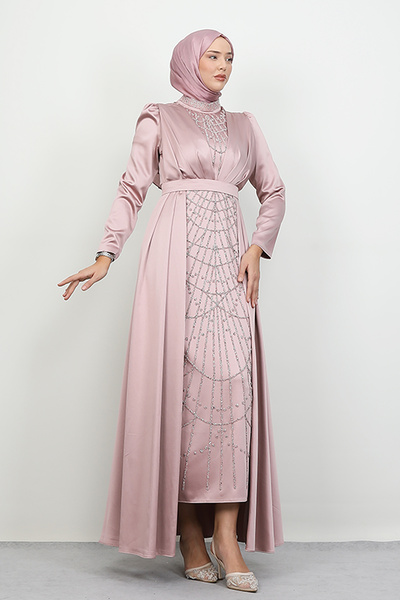 Lamia Giyim İşlemeli Pelerinli Abiye Pudra