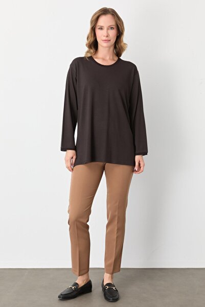 Mutlu Ertan Women's Ribbed Crew Neck Blouse Brown 30413