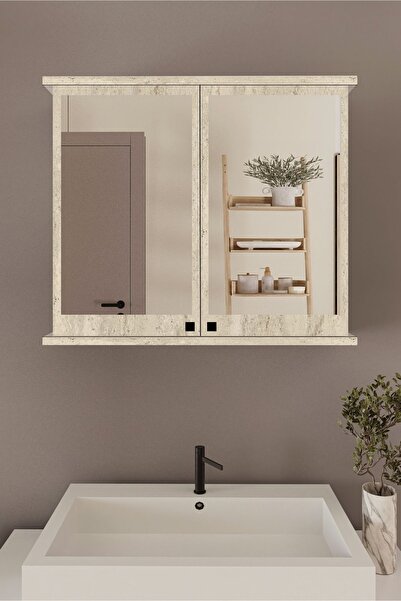 Orysa Design AD-1 Banyo Dolabı, 2 Kapaklı Lavabo Üstü Aynalı Banyo Dolabı - Traverten