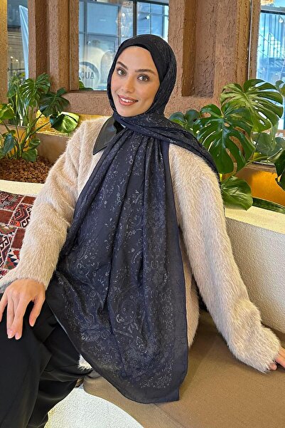 lamelif Retro Desen Bambu Şal Lacivert