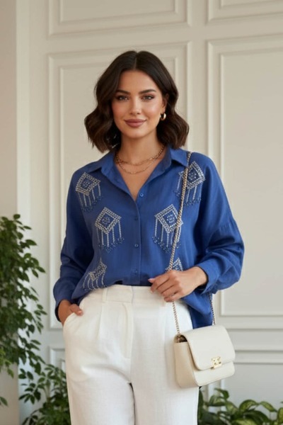 Yağmur Butik Square Front Beaded Shirt