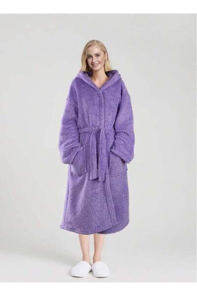 Noon East روب حمام طويل بغطاء رأس - 240 غرام/متر مربع، بوليستر 100%، ناعم ودافئ للنساء - لون لافندر، مقاس صغير