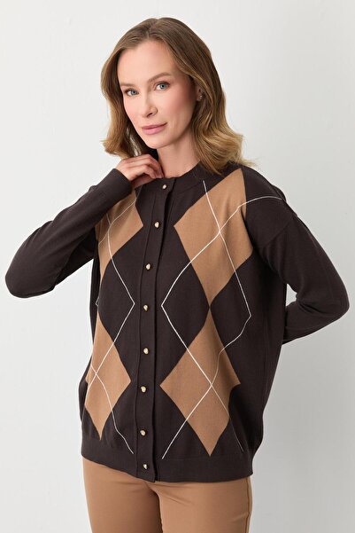 Mutlu Ertan Women's Diamond Pattern Cardigan Brown 20302