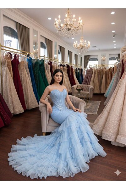 AMAZ 💎 طقم سهرة "أحلام سماوية" بقطعتين (كورسيه وتنورة طبقات تول) 💎