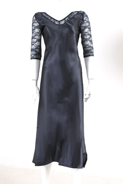 Doremi Slit Satin Maxi Nightgown with Lace Sleeves