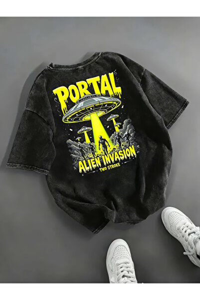 Freak Tshirt Black Color Portal Printed Unisex Oversized Cut Washed Vintage T-Shirt