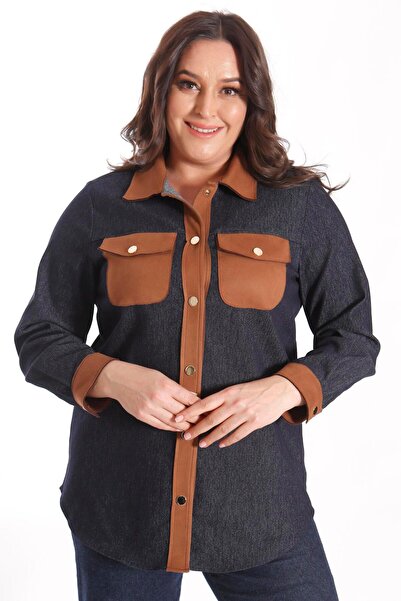 Metpoint Trend42Plus Plus Size Snap Button Navy Blue Denim Shirt
