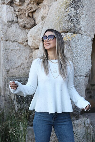 bytugcekaya White Standard Size Long Sleeve Glitter Sequin Sweater