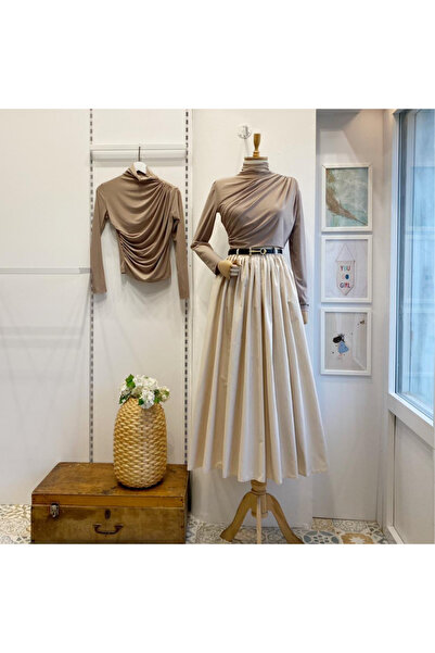 Faya Boutique Krem Kemerli Sık Pileli Etek