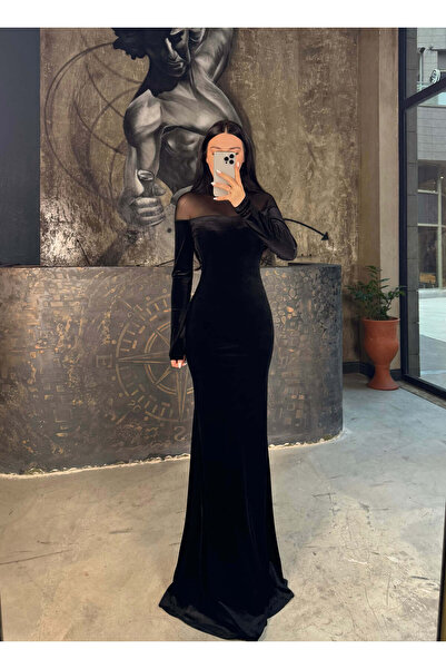 missswans Amadeya Omuz Kısmı Transparan Uzun Boy Kadife Elbise Siyah