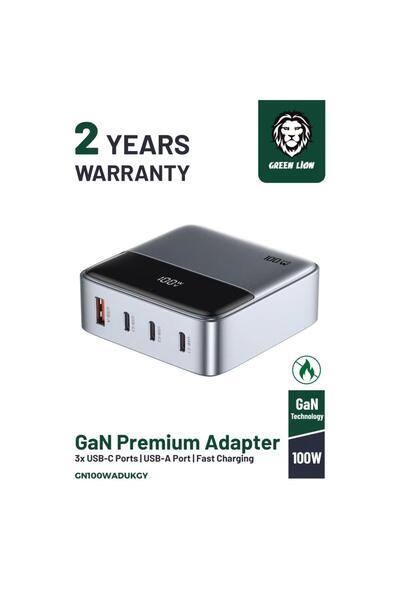 Green Lion شاحن سريع بقوة 100 واط بتقنية GaN، مزود بمقبس بريطاني ممتاز، ومنافذ USB-A وثلاثة منافذ USB-C