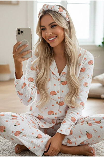 Siyah İnci Peach Pattern Soft Touch Winter Corded Fabric Button Cotton Knitted Pajamas Suit 7980