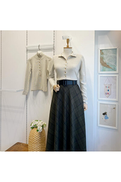 Faya Boutique Taş Rengi Dik Yaka Çıtçıtlı Triko Bluz