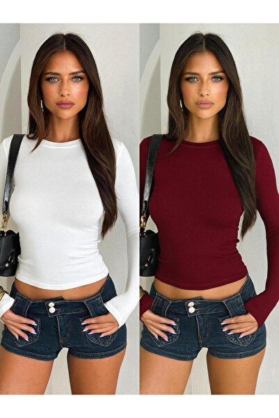 ÖZ PAMUK 2 BUC Bluză PLAIN din Lycra cu mânecă lungă, decolteu rotund