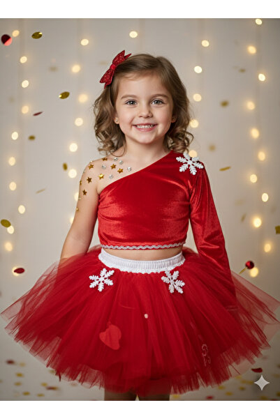 DODOMAR 3-4 ετών – Κόκκινη φούστα Tutu Velvet Crop Top με έναν ώμο με κρυστάλ...