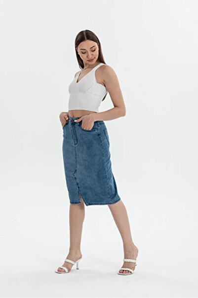 Lexsina Women's Front Slit Midi Length Denim Jeans Skirt