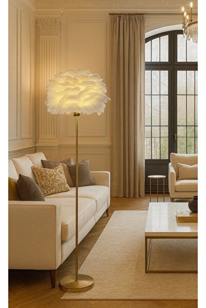 burenze Modern Tasarım Paris Lambader Tüylü Beyaz Abajur Eskitme Gold Gövde Ayaklı Lambader