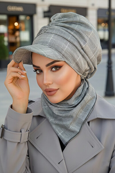 Aişe tesettür Gri Ekose Büzgülü Tesettür Şapka ve Etol Takım