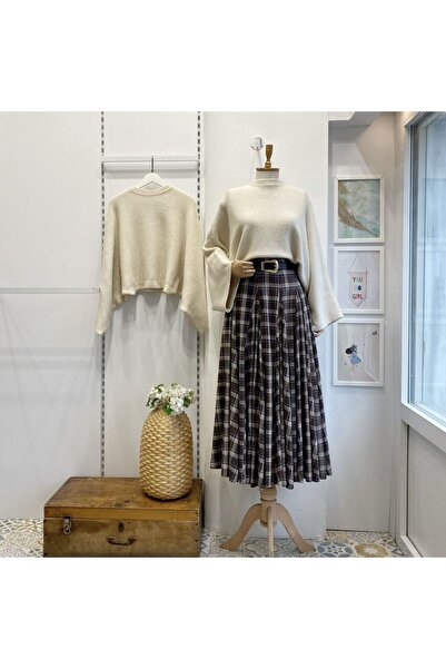 Faya Boutique Acı Kahve Deri Kemerli Ekoseli Grazia Etek