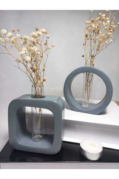 emilysamy Desktop Minimal 2-Piece Vase Set, Round-Square Shaped, Glass Tube Vase