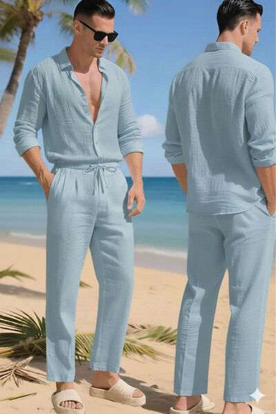 NO 601 Baby Boy Blue Summer Muslin Shirt and Baby Blue Pants Set