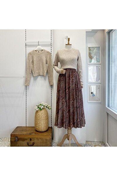 Faya Boutique Beli Lastikli Kahverengi Şal Desen Şifon Etek