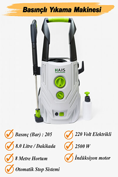Hais Elektrikli Basınçlı Yıkama Su Püskürtme Makinesi 8.0 L/Dk 205 Bar Basınç 2500 Watt 8 Metre Hortum