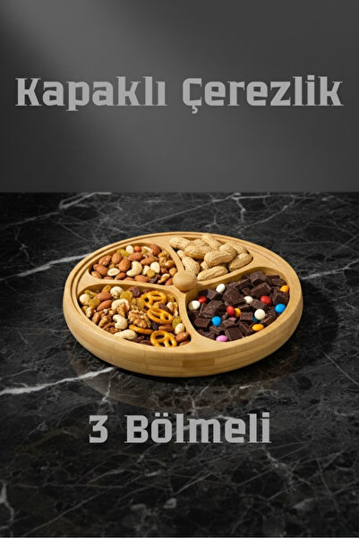 Eco Lounge 3 Bölmeli Kapaklı Bambu Çerez ve Atıştırmalık Sunumluk