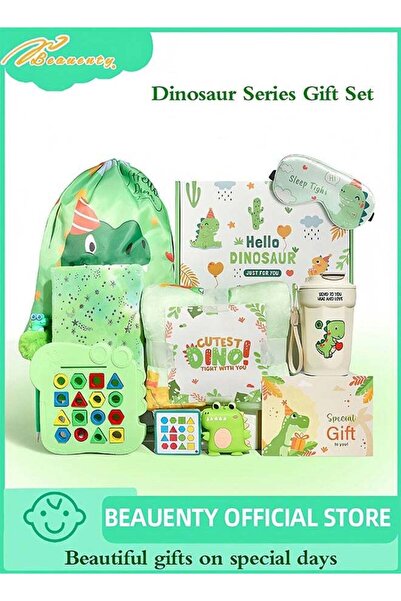 Beauenty Dinosaur Gift Box Set for Kids Age 3-10 with Blanket, Backpack, Eye Mask, Tumbler (Green)