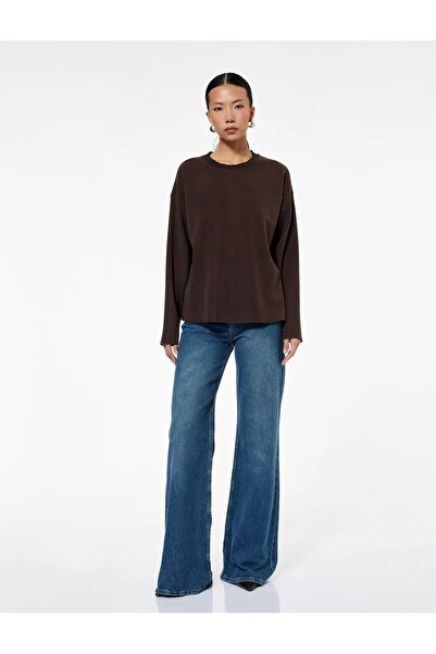 Koton Kadın Giyim Uzun Kollu Bisiklet Yaka Basic Sweatshirt Kahverengi