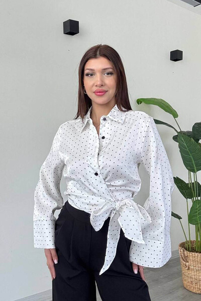 Swana Kadın Saten Kumaş Puantiyeli Bağlamalı Gömlek-