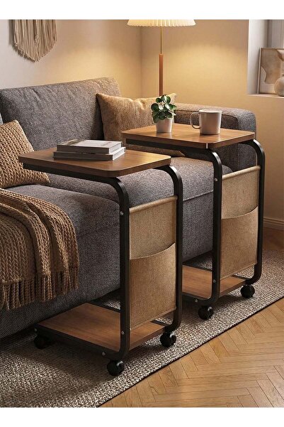 Taimi طقم من طاولتين جانبيتين عصريتين على شكل حرف C بعجلات وجيب جانبي، مناسب للأريكة، لون بني بإطار أسود