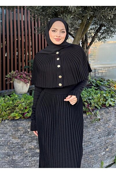 DAĞON'S DGN'S PELERİNLİ DÜĞME DETAYLI KADIN TRİKO PİLİSELİ ELBİSE