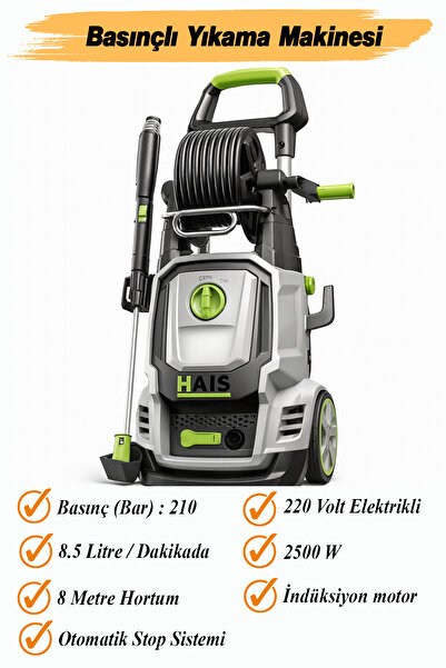 Hais Elektrikli Basınçlı Yıkama Makinesi 8.5 L/Dk 210 Bar Basınç 2500 Watt 8 Metre Makaralı Hortum