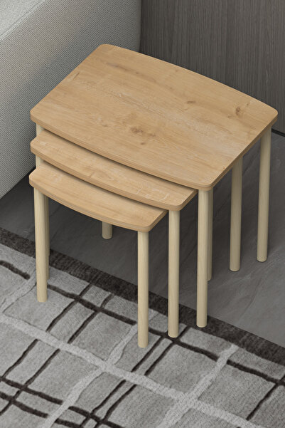 DESENGO Doğal çam ağacı ayaklı geniş yüzeli modern 3lü zehpa zigon seti şık t...