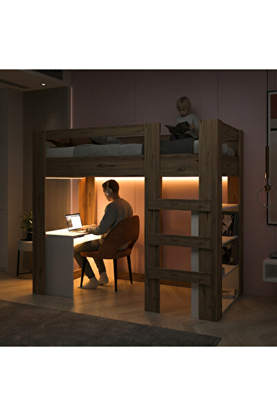 Ninnimo Yaşam 90X190 Yatak Uyumu Karyola Çalışma Masalı Kitaplıklı Led Işıklı Karyola