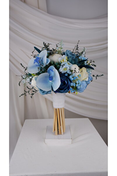 Buketlife mavi ıslak orkideli beyaz miny yeşilimavi gelinbuketi