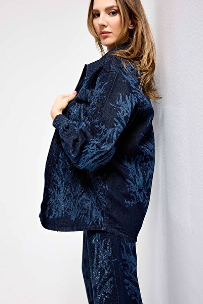 it's basic Women's Dark Denim Color 9S6-5 Oversized Special Design Denim Jacket with Shiny Stone Pattern Detail