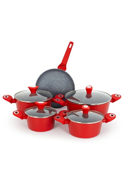 Zilan 9-piece cookware set, aluminum with granite interior, 3-layer base, glass lids, red (ZLN-3260)