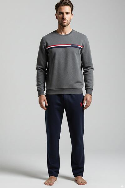 U.S. Polo Assn. Men's Plus Size Long Sleeve Anthracite Color Chest Stripe Straight Leg Pajama Set C5T2N981