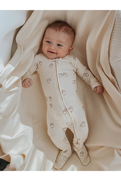 Lovedbaby Body bebe cu fermoar, certificat GOTS, Buttercream Acorn, 6-12luni