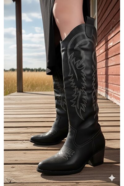 Afilli Afili Women's Black Pointed Toe Below-Knee Thick Heeled Laceless Sexy Western Cowboy Boots